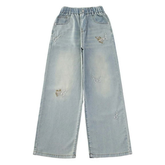GBSYEWXS Jeans For Girls Teen Size 5-6 Years Butterfly Embroidered Fashion Elastic Waist Wide Leg Distressed Blue Trousers