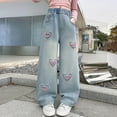 thumbnail image 1 of GBSYEWXS Jeans For Girls Toddler Wrinkle Drawstring Waist Trendy Relaxed Straight Fashion Heart Embroidered Denim Pants Size 9 Years-10 Years, 1 of 9