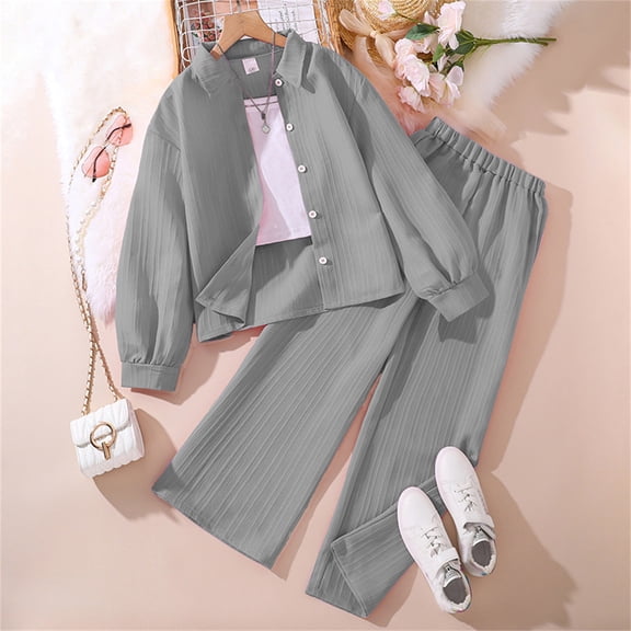 GBSYEWXS Kids Autumn Outfit sets for Girls Long Sleeve Shirt Wide Leg Pants Fashion 2Pc For Children Casual outfit sets Grey Size 9-10 Years