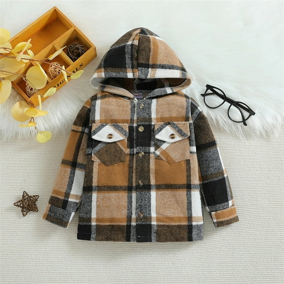 GBSYEWXS Kids Boys Coat Comfortable Hooded Plaid Print Winter Fall Khaki Jacket Size 6--7 Years