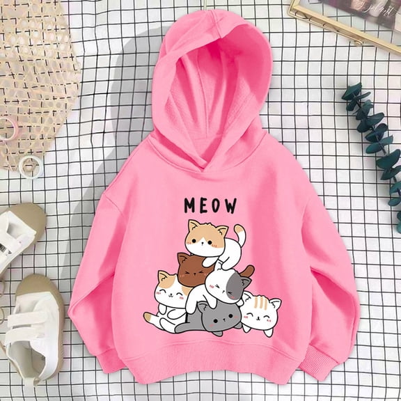 GBSYEWXS Kids Girls Sweatshirt Long Sleeve Hooded Cat Print Hoodies Daily Wear Fashion Tops Pink Size 3-4 Years