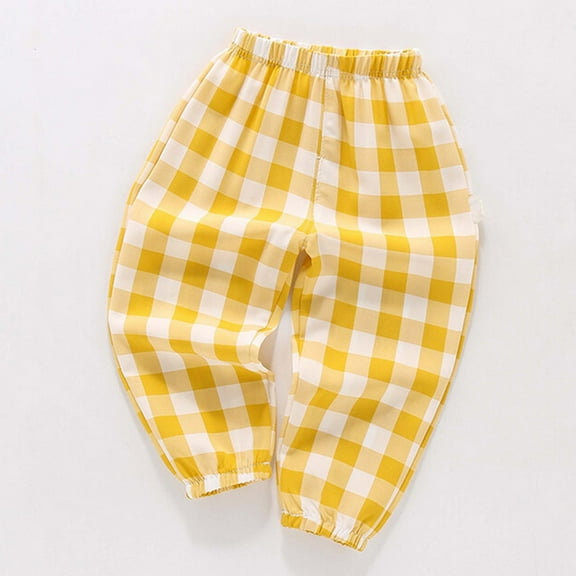 GBSYEWXS Kids Little Boys Trousers Plaid Print Casual Trendy Breathable Wide-Leg Elastic Waist Yellow Pants Size 5-6 Years