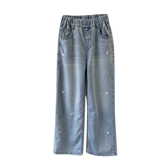 GBSYEWXS Kids Girls Denim Pant Size 13 Years--14 Years Wide Leg Ankle-Length Distressed Elastic Waist Fall Relaxed Blue Jeans