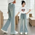 thumbnail image 1 of GBSYEWXS Kids Teen Girls Jeans Flared Elastic Waist Solid Color Relaxed Distressed Cute Light Blue Denim Pant Size 5 Years--6 Years, 1 of 4