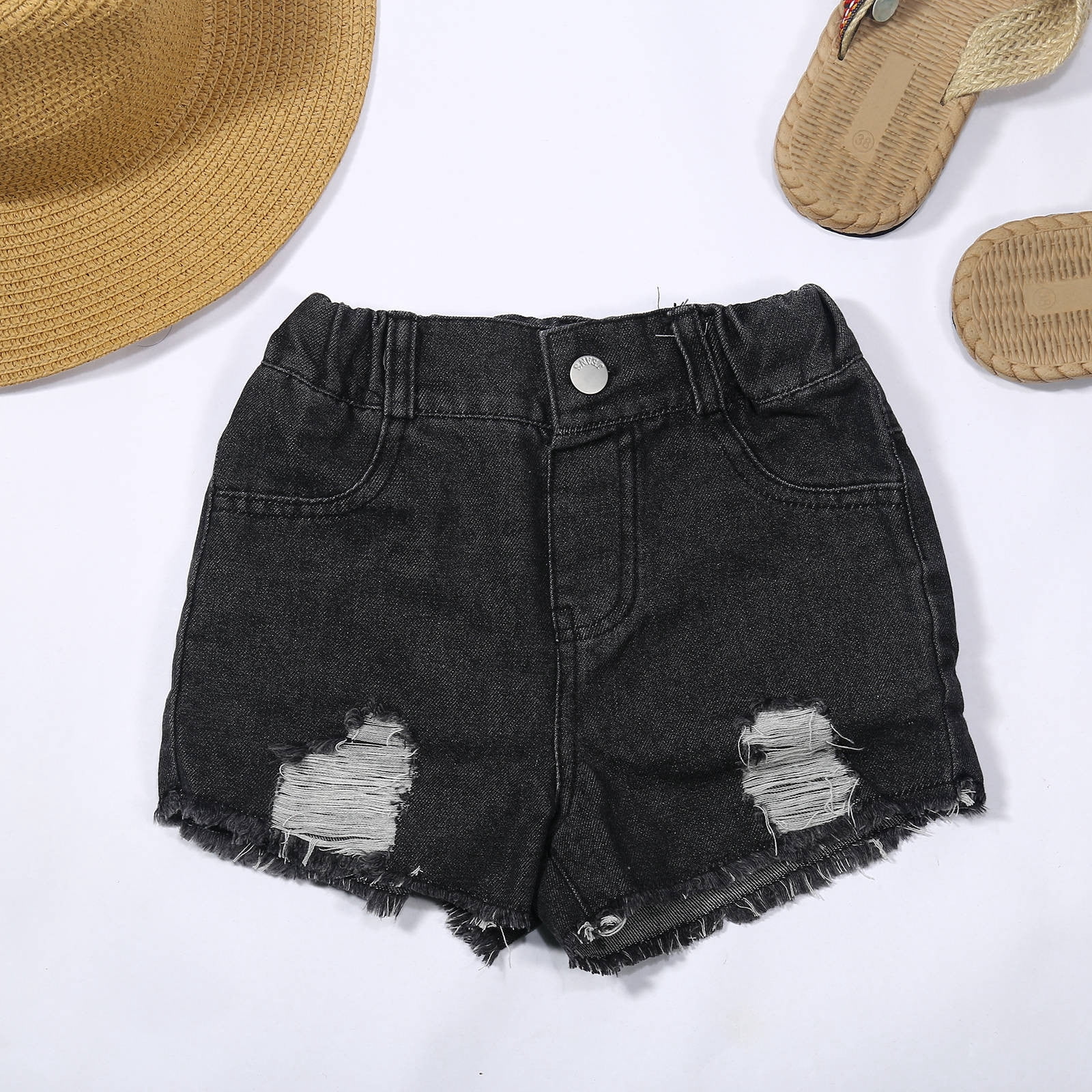 Kids Teen Girls Jeans Shorts Elastic Waist Solid Color Soft Ripped Summer Black Denim Shorts Size 3 Years--4 Years