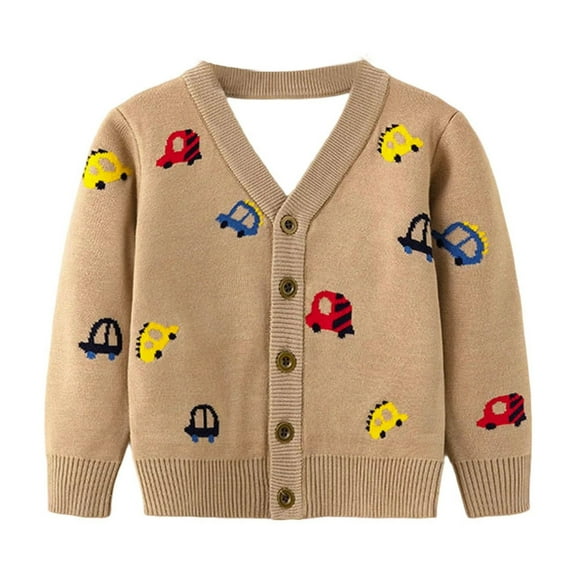 GBSYEWXS Little Boys Sweater Child Soft Car Print Long Sleeve Outdoor V-Neck Sweaters Khaki Size 4-5 T