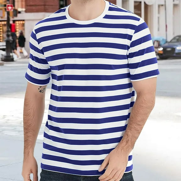 GBSYEWXS Men Shirts Crew Neck Soft Tee Striped Print Comfortable Dark Blue T-Shirts