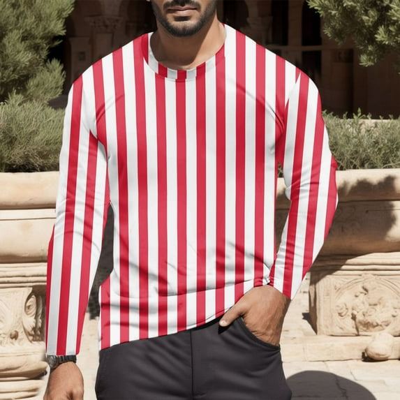 GBSYEWXS Men Sweatshirt Daily Wear Vertical Striped Print Long Sleeve Tops Red Gentleman Crew Neck Pullover Sweater