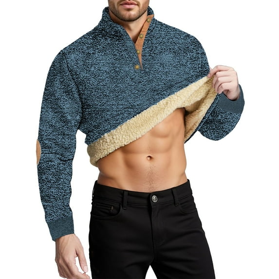 GBSYEWXS Men Sweatshirts Henley Solid Color Long Sleeve Pullover -Lined Soft Blue Tops