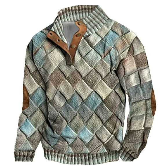 GBSYEWXS Men Sweatshirts Long Sleeve Zip Neck Pullover Gentleman Plaid Print Handsome Tops Multicolour