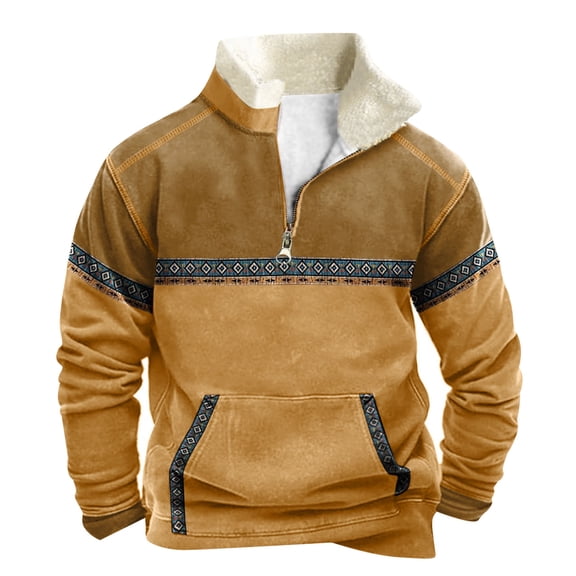 GBSYEWXS Men Sweatshirts Zip Neck Color Block Long Sleeve Tops Handsome Everyday Wear Yellow Pullover