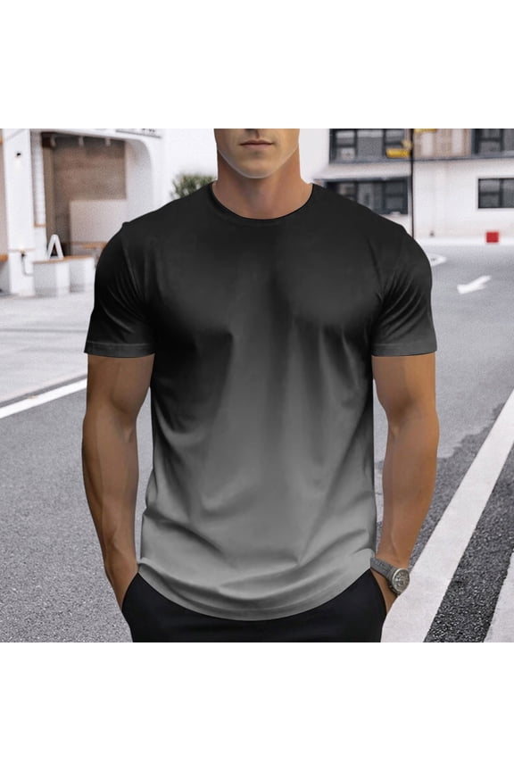 Men T-Shirts Gradient Work Tops Relaxed Crew Neck Dark Gray Tee