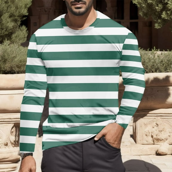 GBSYEWXS Men T-Shirts Striped Print Cute Tops Work Crew Neck Green Tee