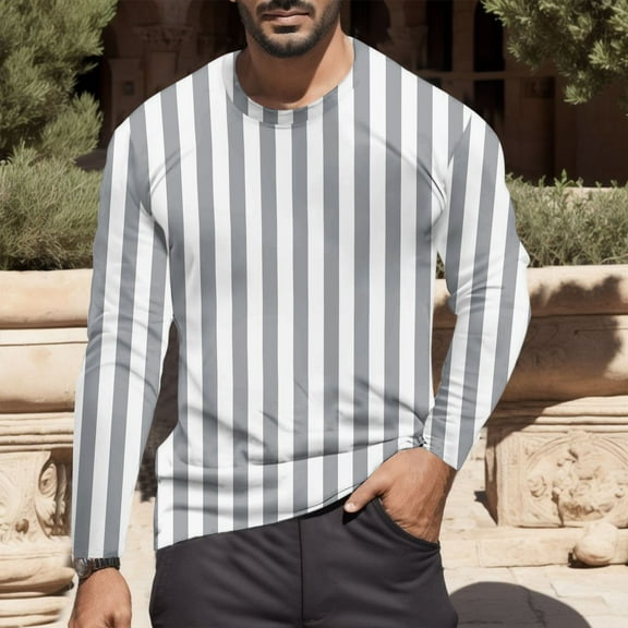 GBSYEWXS Men T-Shirts Vertical Striped Print Work Shirts Outdoor Crew Neck Grey Tee