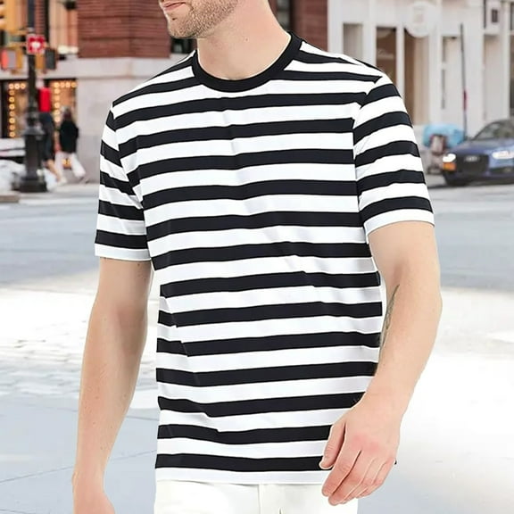 GBSYEWXS Men Tee Crew Neck Fashion T-Shirts Striped Print Fashion Black Tops
