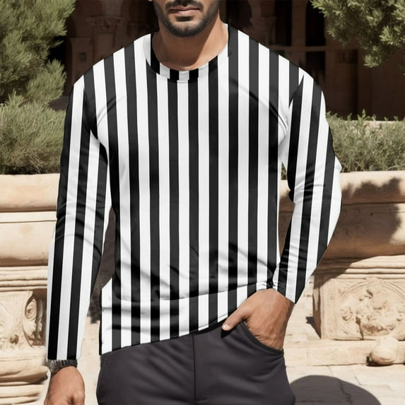GBSYEWXS Men Tee Crew Neck Long Sleeve Vertical Striped Print T-Shirts Daily Wear Cool Shirts Black
