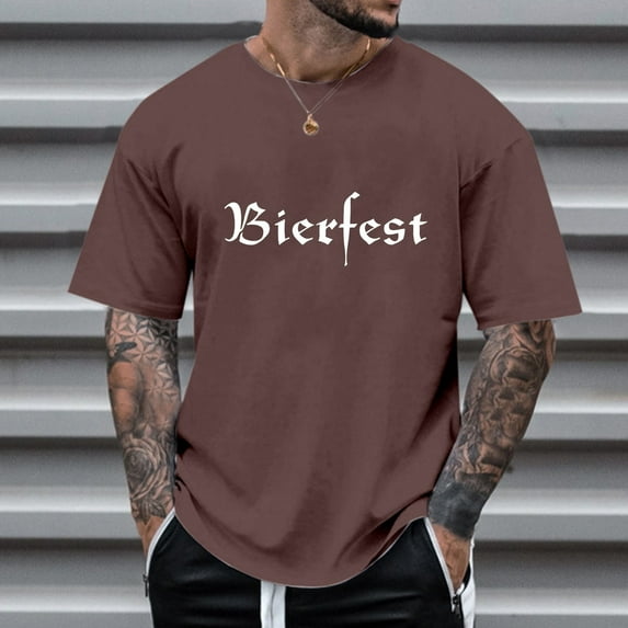 GBSYEWXS Men Tee Letter Print Festival Cute T-Shirts Comfortable Crew Neck Brown Shirts