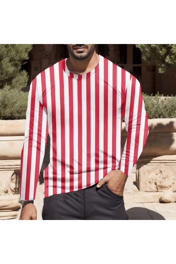 Men Tops Vertical Striped Print Cool Tee Soft Crew Neck Red T-Shirts