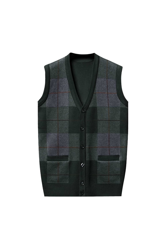 Men Vest Sweaters Sleeveless Cardigan Daily Wear Plaid Print Stretch Green V-Neck Sweater