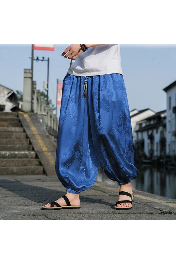 Mens Trousers Pants Flower Print Drawstring Waist Harem Comfortable Blue Pant
