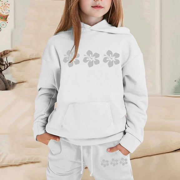 GBSYEWXS Outfit Set For Child Girls Flower Print Cool Long Sleeve Hoodies Sweatpants 2025 White Clothing Sets Size 1 Years-2 Years