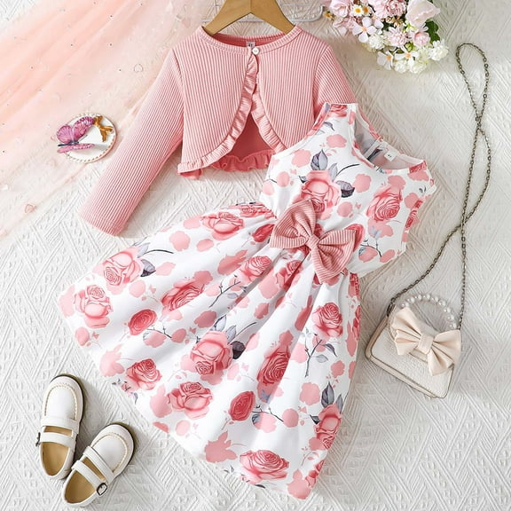 GBSYEWXS Outfit Set For Children Girls Size 2 Years-3 Years Sleeveless Flower Print Dresses With Jacket Trendy Comfortable Pink Outfits Sets
