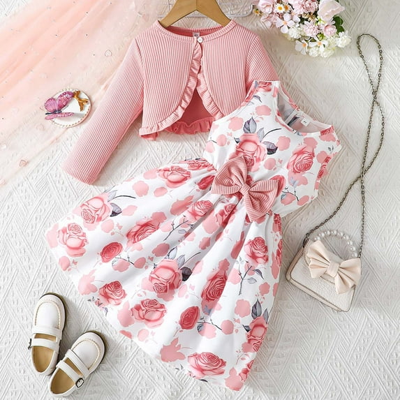GBSYEWXS Outfit Set For Children Girls Size 2 Years-3 Years Sleeveless Flower Print Dresses With Jacket Trendy Comfortable Pink Outfits Sets
