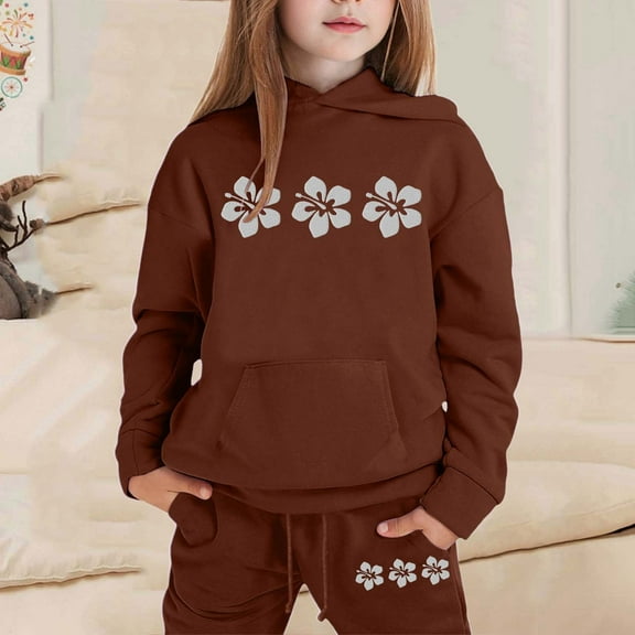 GBSYEWXS Outfit Set For Teen Girls Size 2 Years-3 Years Long Sleeve Flower Print Hoodies Sweatpants Fashion Soft Coffee Outfits Sets