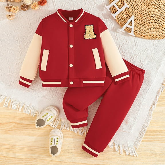 GBSYEWXS Outfit Set For Teen boys Baseball Letter Print Top Pant Athleisure Long Sleeve Red Outfits Sets Size 18-24 Months