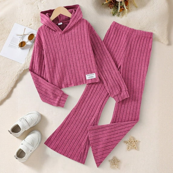 GBSYEWXS Outfits Sets For Child Girls Cute Solid Striped Hooded Hoodies Sweatpants 2025 Long Sleeve Red Clothing Set Size 9 Years-10 Years