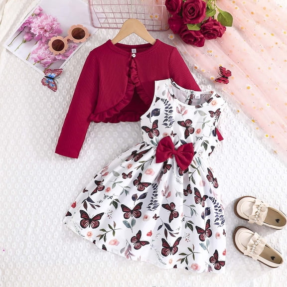 GBSYEWXS Outfits Sets For Child Girls Off Shoulder Sleeveless Butterfly Print Dresses With Jacket Cool Trendy Outfit Set Wine Size 2 Years-3 Years