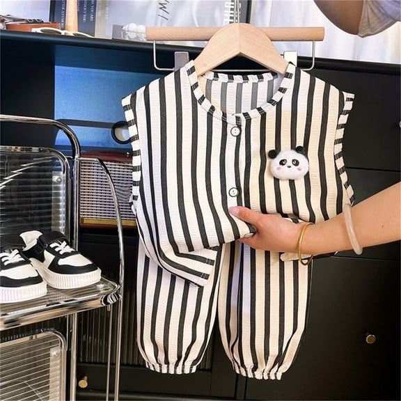 GBSYEWXS Outfits Sets For Children Girls Fashion Striped Print Long Sleeve Crew Neck Vest Long Pant Casual Beige Outfit Set Size 2 Years-3 Years