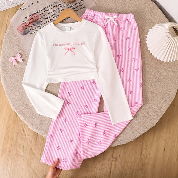 GBSYEWXS Outfits Sets For Children Girls Size 9 Years-10 Years Long Sleeve Bow Print Tops Pants Relaxed Trendy White Clothing Sets