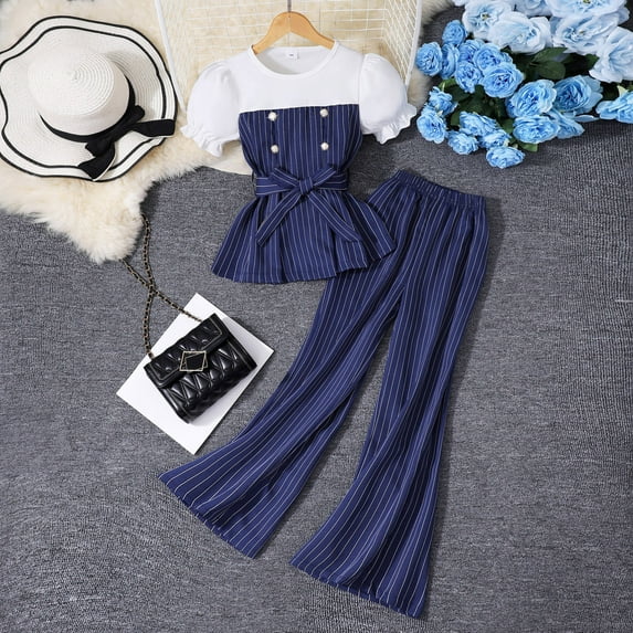 GBSYEWXS Outfits Sets For Children Girls Solid Color Lapel Neck Tops Pants Patchwork Cool Short Sleeve Dark Blue Outfit Set Size 9 Years-10 Years