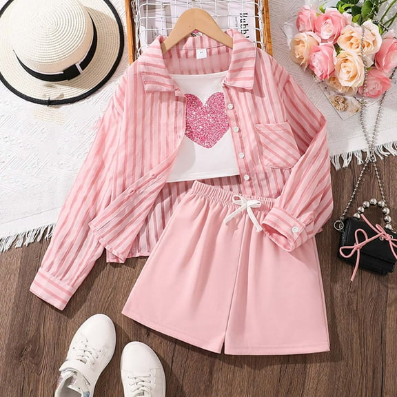 GBSYEWXS Outfits Sets For Children Girls Striped Print Relaxed Long Sleeve Shirts Shorts Fashion Red Clothing Sets Size 10 Years-11 Years