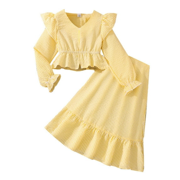 GBSYEWXS Outfits Sets For Teen Girls Elegant V-Neck Long Sleeve Shirt Dress Solid Color Casual Yellow Clothing Sets Size 9-10 Years