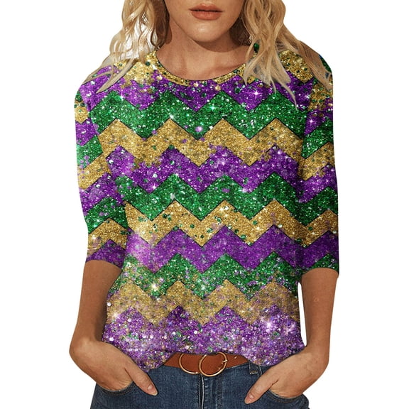 GBSYEWXS Shirts For Women Daily Wear Crew Neck T-Shirts Elbow-Length Plaid Print Purple Tops