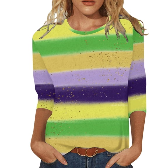 GBSYEWXS Shirts For Women Elegant 3/4 Sleeve Striped Print T-Shirts Fashion Crew Neck Tops Yellow