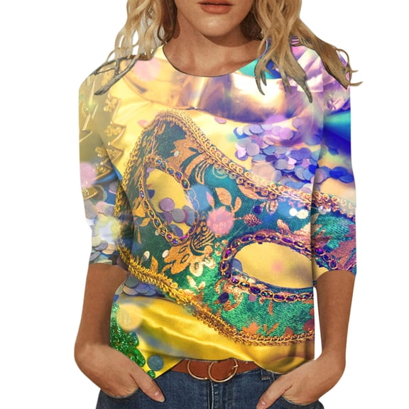GBSYEWXS Shirts For Women Gentleman Elbow-Length Carnival Print Tops Festival Crew Neck T-Shirts Yellow