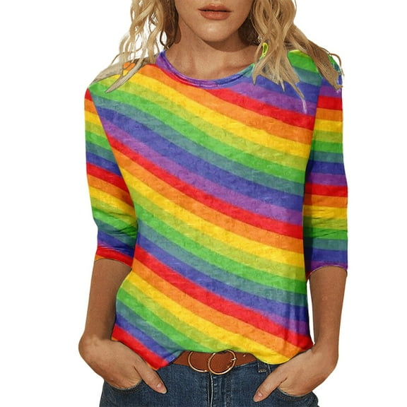 GBSYEWXS Shirts For Women Holiday Crew Neck Tops 3/4 Sleeve Star Print T-Shirts