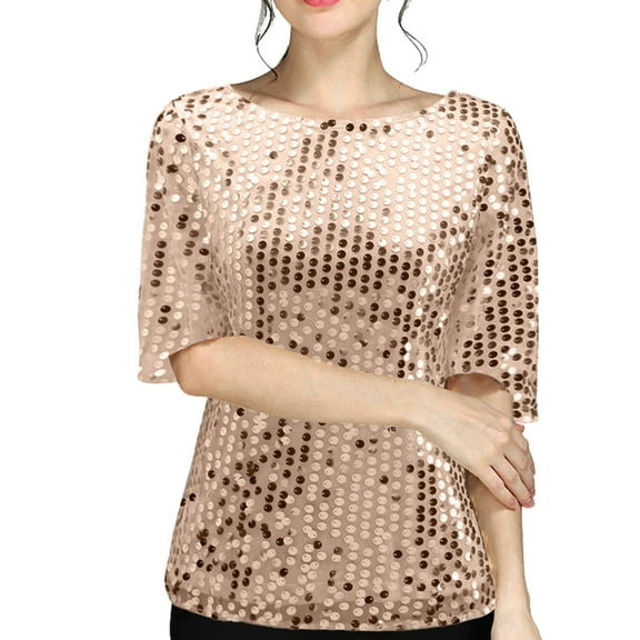 GBSYEWXS Shirts For Women Soft Elbow-Length Sequins Tops Stretch Crew Neck T-Shirts Rose Gold