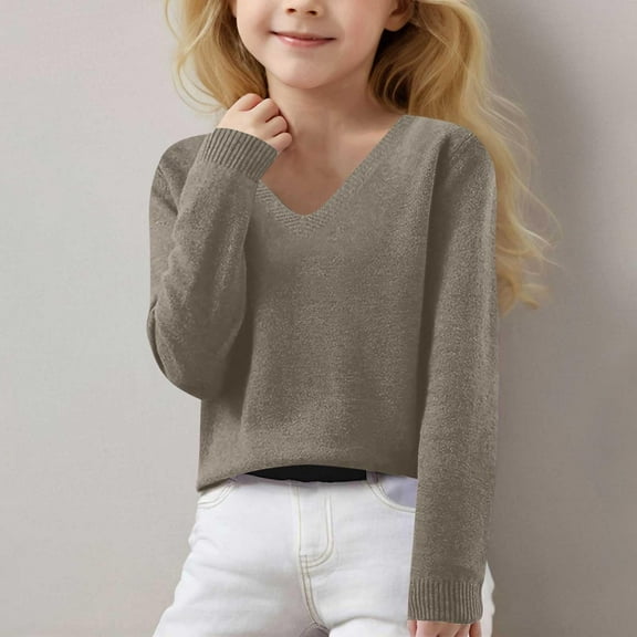 GBSYEWXS Sweater For Girls Teen Casual Long Sleeve V-Neck Solid Color Daily Wear Pullover Sweater Brown Size 14-15 Years