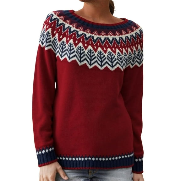 GBSYEWXS Sweaters For Women Autumn Trendy Pullover Long Sleeve Crew Neck Jacquard Print Red Sweater