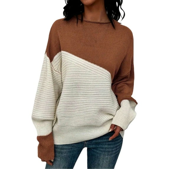 GBSYEWXS Sweaters For Women Coffee Crew Neck Long Sleeve Color Block Soft Pullover Sweater
