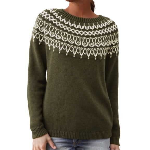 GBSYEWXS Sweaters For Women Dark Green Crew Neck Long Sleeve Jacquard Print Soft Pullover Sweater