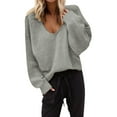 thumbnail image 1 of GBSYEWXS Sweaters For Women Grey V-Neck Long Sleeve Solid Color Autumn Pullover Sweater, 1 of 5