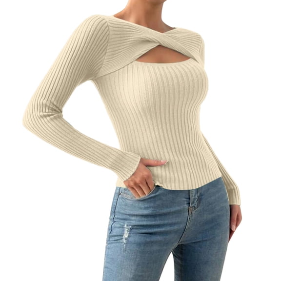 GBSYEWXS Sweaters For Women Hollow-Out Daily Wear Pullover Long Sleeve Crew Neck Solid Color White Sweater