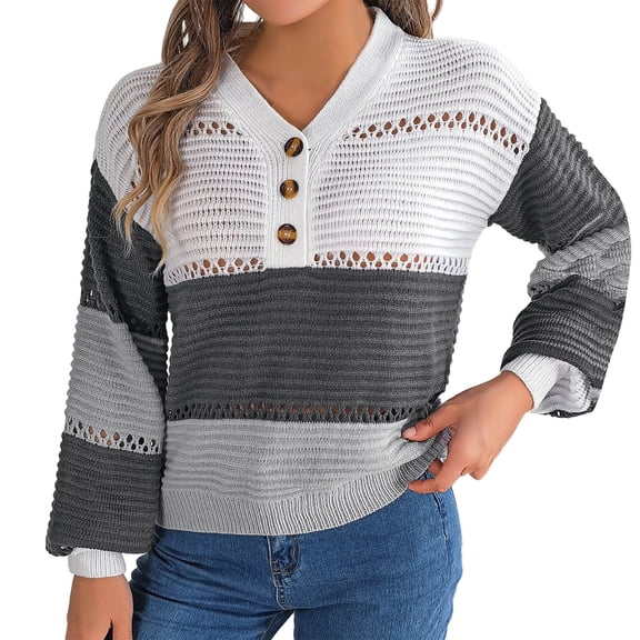 GBSYEWXS Sweaters For Women Hollow-Out Soft Pullover Long Sleeve V-Neck Color Block Black Sweater