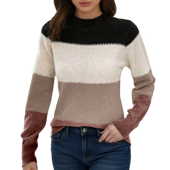 GBSYEWXS Sweaters For Women Khaki Crew Neck Long Sleeve Color Block Stretch Pullover Sweater