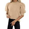 thumbnail image 1 of GBSYEWXS Sweaters For Women Khaki Crew Neck Short Sleeve Solid Color Stretch Pullover Sweater, 1 of 5